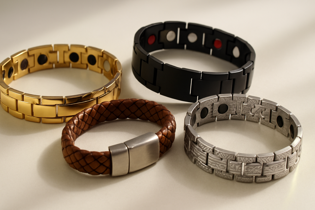 Assorted stylish magnetic bracelets for wellness and pain relief.