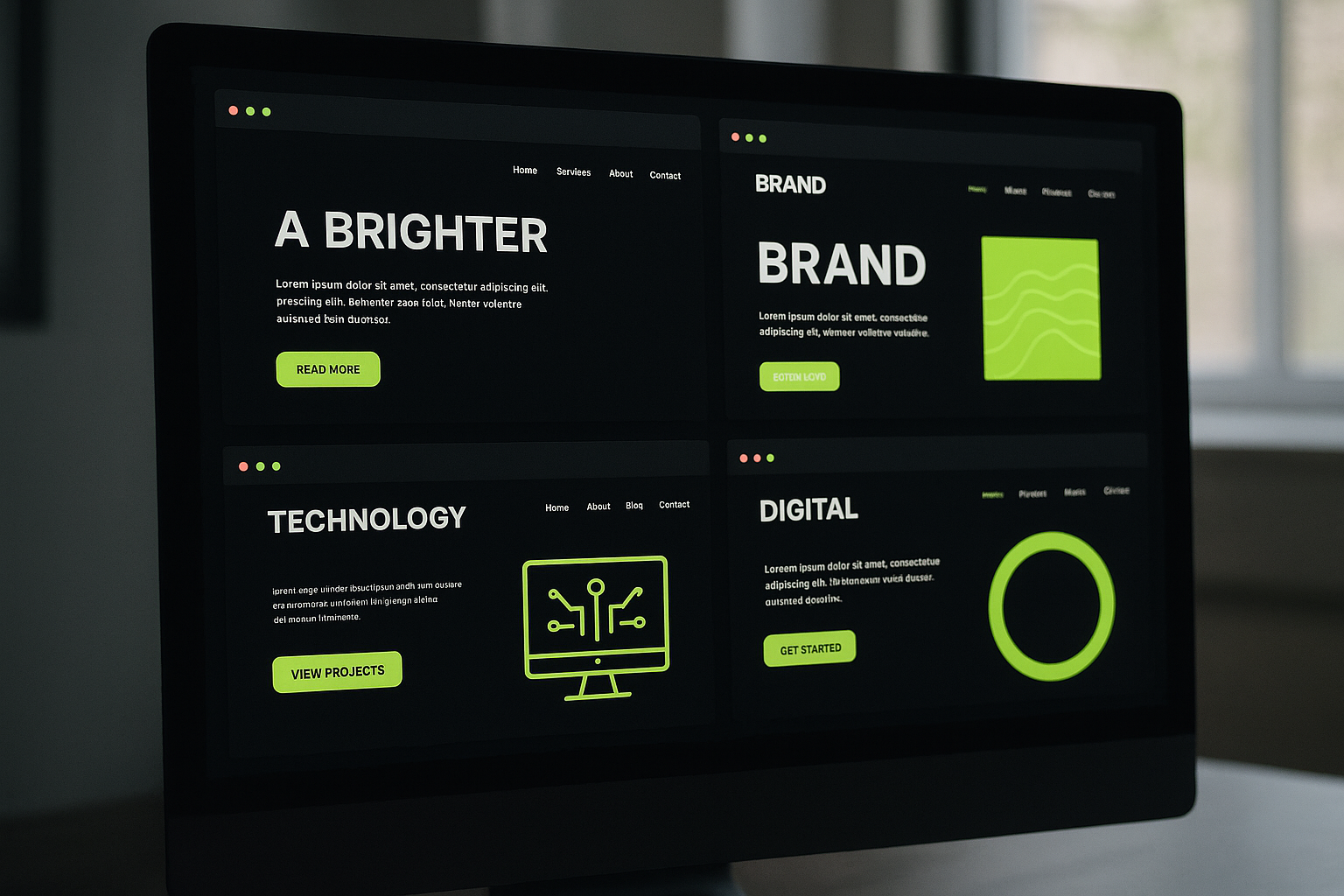 Screens displaying dark mode themes from popular platforms
