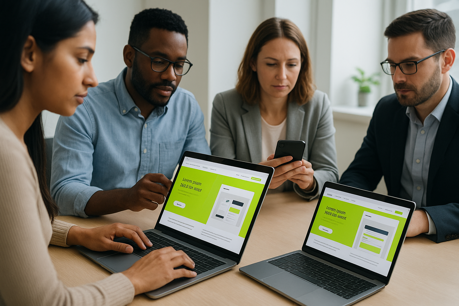 Team testing website responsiveness on multiple devices