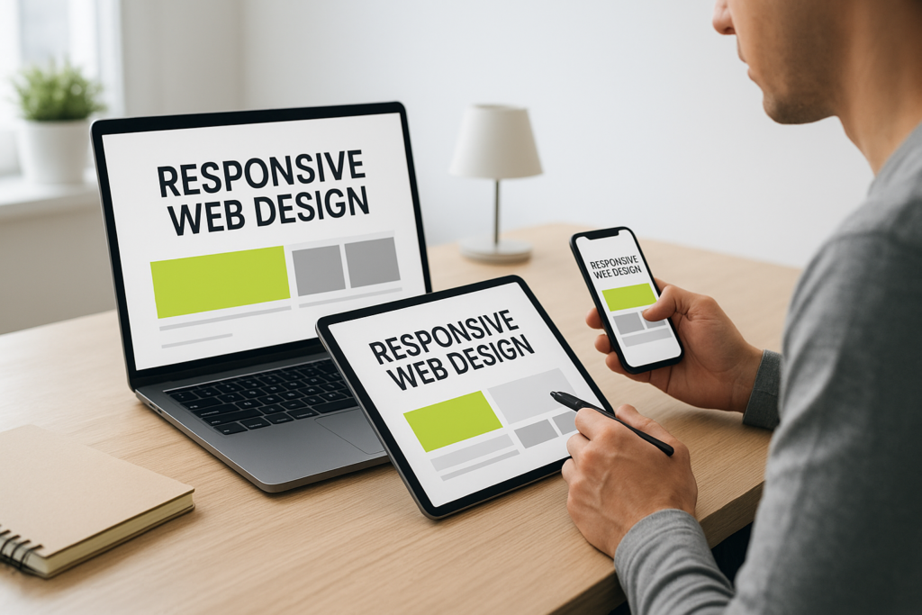A designer demonstrating responsive web design on various devices for optimal user experience.