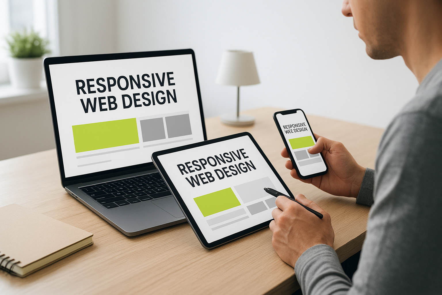 A designer demonstrating responsive web design on various devices for optimal user experience.