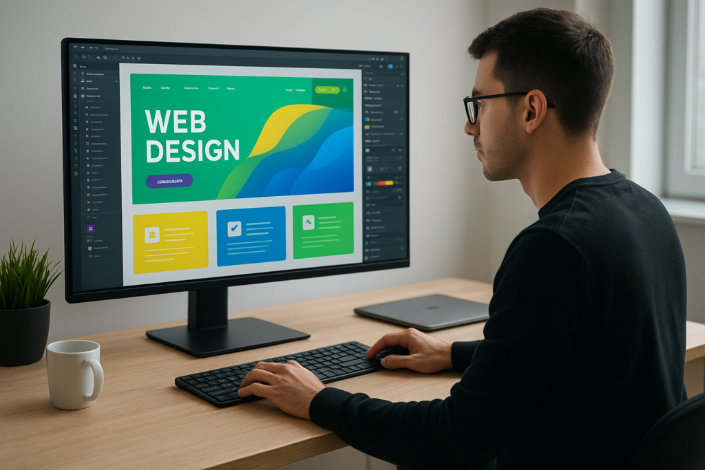 Web designer creating trendy layouts with Adobe and Figma.