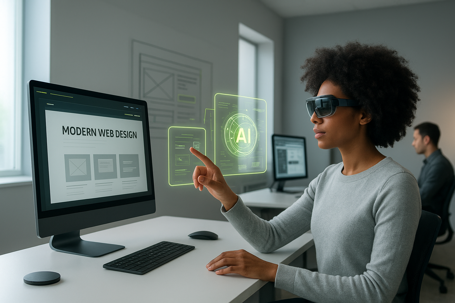 Futuristic web design studio showcasing AI innovations